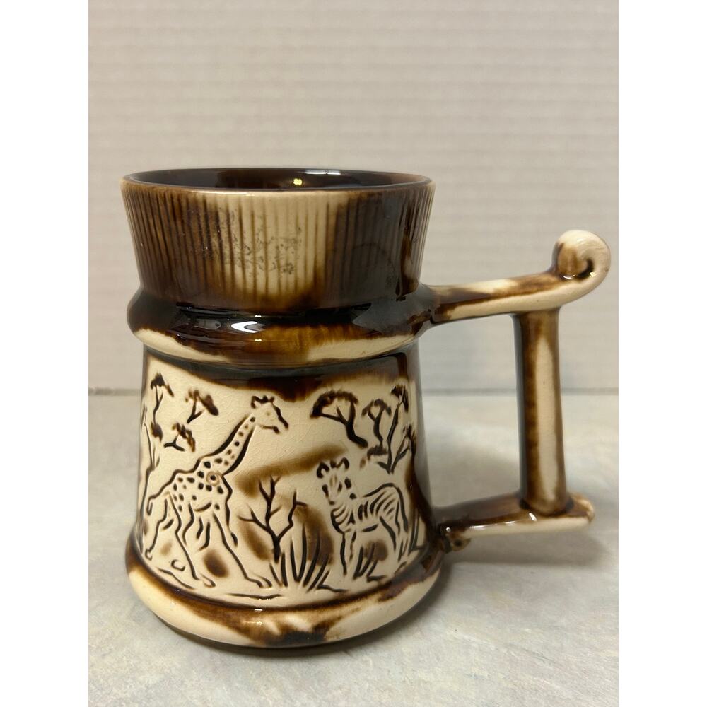 Vintage 1970 Crescent Ware Ceramic Mug Brown Cream Safari Print #964